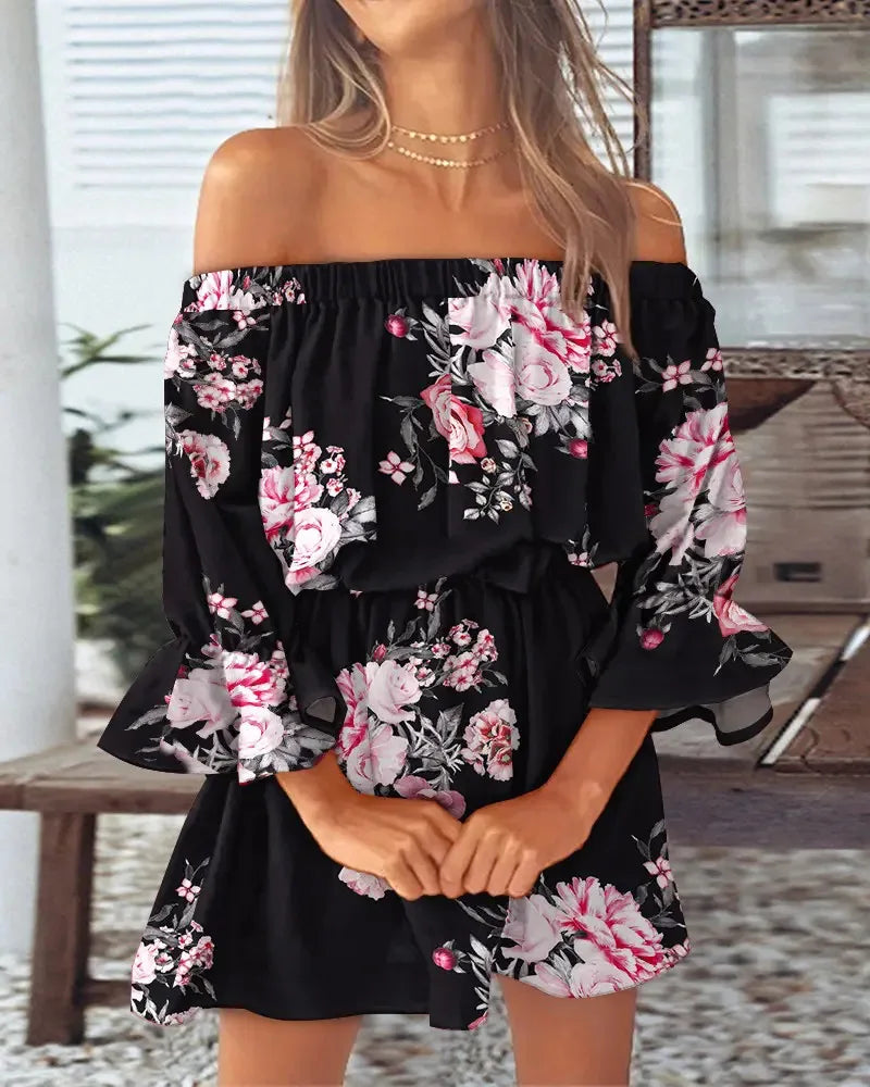 Sizes to 2XL Bohemian Off-Shoulder Floral & Leaf Print Mini Dress with Ruffled Hem and Bell Sleeves 5 Patterns