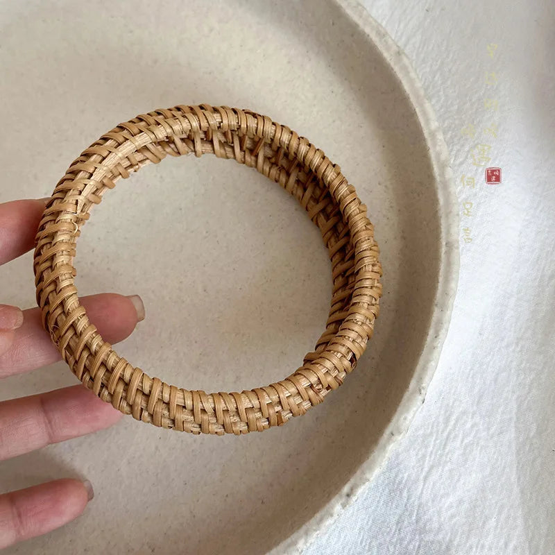 Boho Coffee Wood Bamboo Rattan Knit Wide Bracelets,  Hand-woven Wrapped Vintage Cuff Bracelets