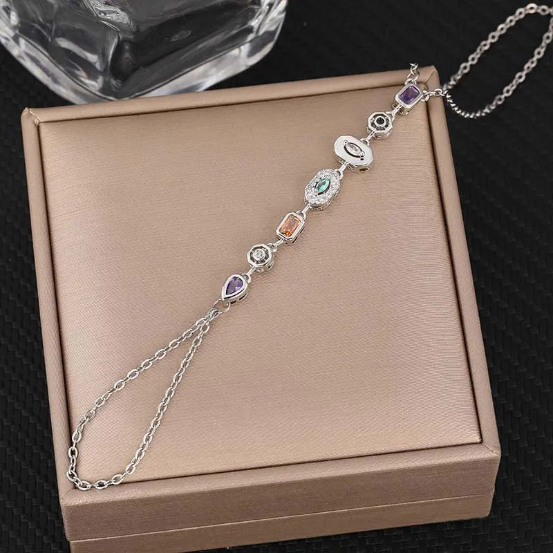 Stainless Steel Colorful Crystal Hand Chain Bracelet; Gold Color Water Drop Finger Bangle Bracelet