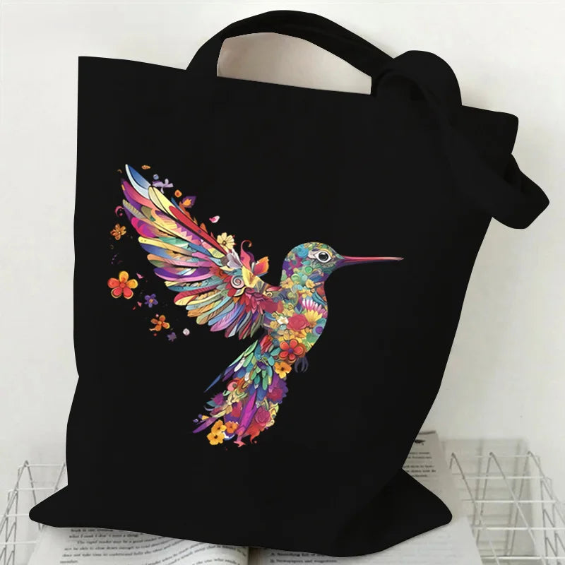 Colorful Hummingbird Canvas Shoulder Bag Flower Pattern. GREAT TO USE AS A GIFT BAG--WHY USE PAPER???