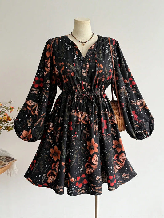 Sizes to 4XL Boho Floral & Moth Print V-Neck Tie-Waist Dress with Puff Sleeves