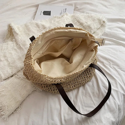 Handmade Rattan Woven Shoulder Bags Large Capacity Boho Straw Bag