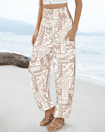 Boho High-Waisted Smocked Harem Pants With 6 Different Floral or Geometric Prints, Side Pockets, and Elastic Cuffs
