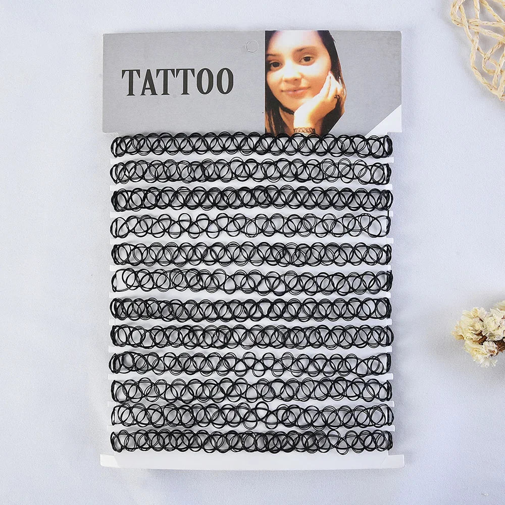 12Pc Vintage Neck Tattoo Choker Light, Thin Elastic Punk Tattoo Choker Stretch