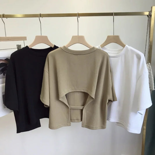 Backless T-Shirt Round Neck Loose Short-Sleeved Crop Tops