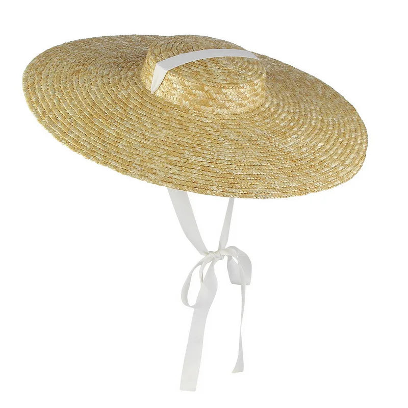 Big Natural Straw Hats, Wide-Brim Sun Visor Caps, Elegant Flat Top, Long Ribbon Tie