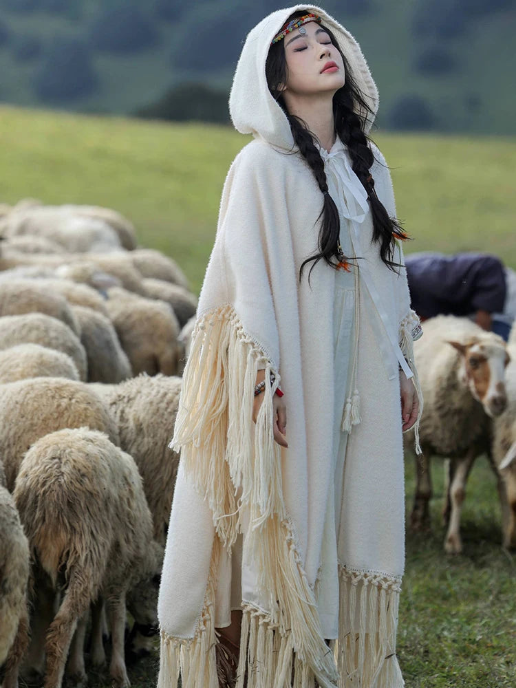 Boho Tassels Handmade Knitted Capes Thick Warm Ethnic Cloak Poncho (Red and Off White)