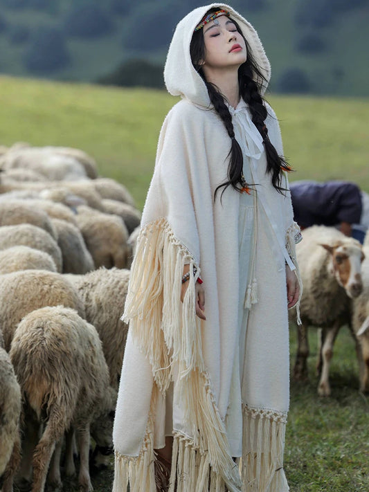 Boho Tassels Handmade Knitted Capes Thick Warm Ethnic Cloak Poncho (Red and Off White)