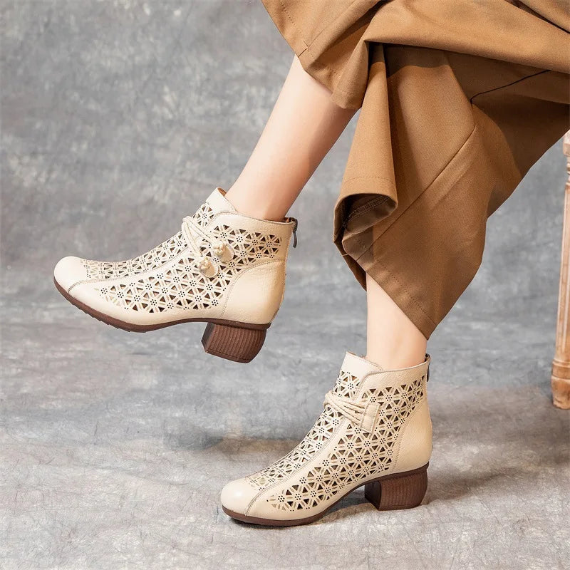 Bopho 5cm Thick Heel Ankle Boots Handmade Retro Style Genuine Leather Zipper Back Breathable