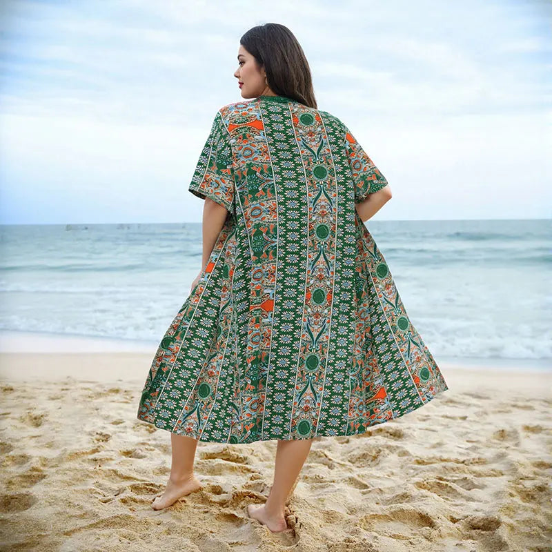 Beachwear, Plus Sizes to 4XL Women's  Printed Two-piece Set,  Bohemian Print Open Front Kimono with Short Sleeves and Shorts Ensemble.