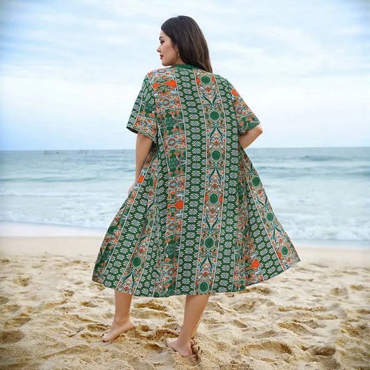 Beachwear, Plus Sizes to 4XL Women's  Printed Two-piece Set,  Bohemian Print Open Front Kimono with Short Sleeves and Shorts Ensemble.