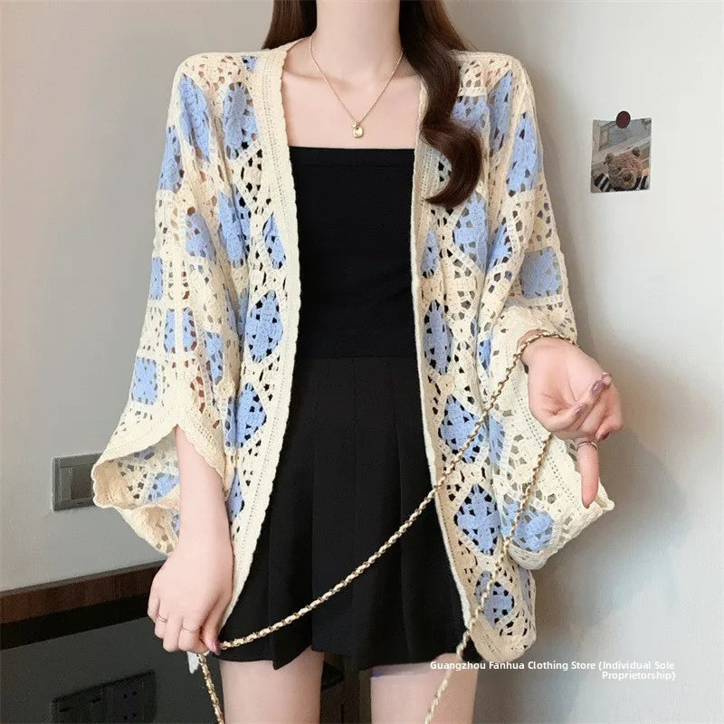 Bohemian Style Hollowed-out Long Sleeve Light Weight Sweater with V Neck and Batwing Sleeves