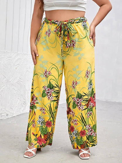 Sizes to 8XL!!!!       Boho Floral Print Summer Elegant Wide Leg Pants Elastic Waist with Sashes Casual Yellow