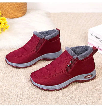 Waterproof Plush, Warm Ankle Snow Boots in Red, Black, Blue, Green, and Tan.