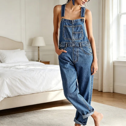 Casual Denim Overalls Loose Fit Long Bib Pants in White, Black, Dark and Light Blue