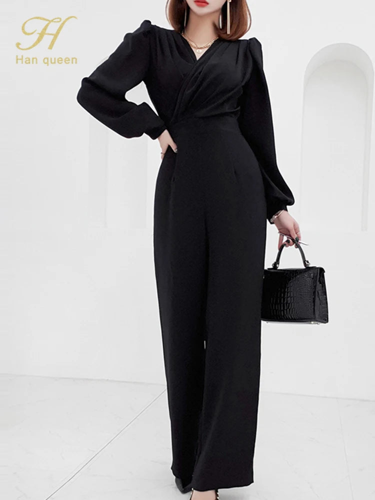 Elegant Business Jumpsuit Women Wide Leg Long pants Long Sleeves Casual High Waist