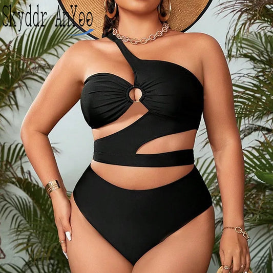 Sizes to 4XL One Shoulder Cut Out Black Swimsuit Curvy Female Bikini Sets