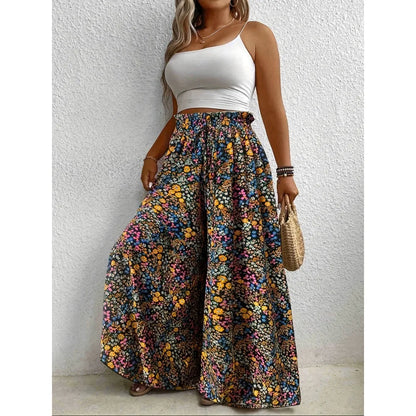 Plus Size 1XL-5XL  Boho Floral Print Wide Leg Pants, Elastic and Drawstring High Waisted Loose Long Trousers