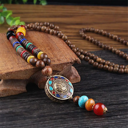 Long Wooden Beaded Tassel Boho  Necklace Nepal Wood Beads