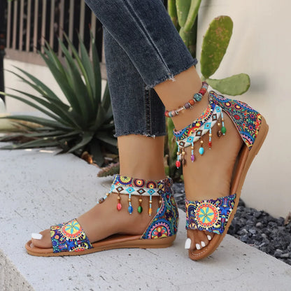 Beaded Romanesque Flat Bottom Women's Sandals Back Zipper Bohemian Flats