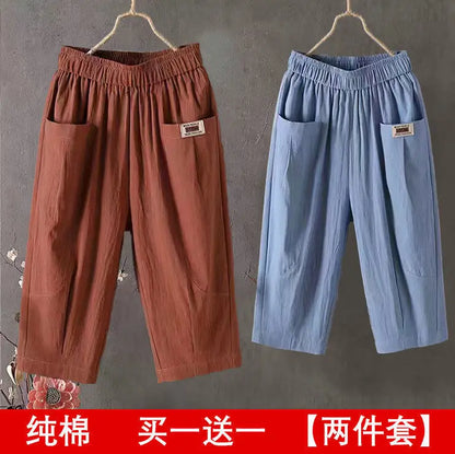 Cotton Linen Cropped 3/4 Length Pants, Loose, Linen with Elastic Waist and Pockets