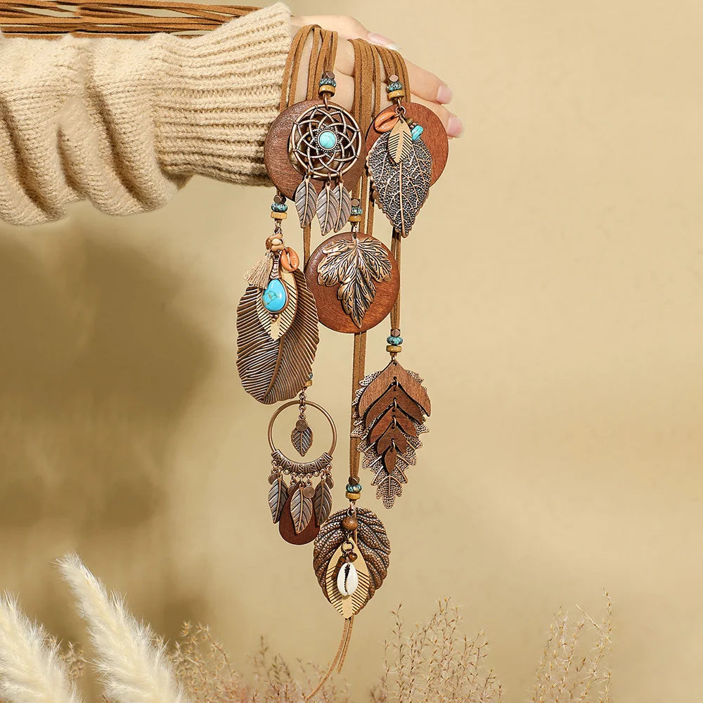 7 piece Boho Long Necklace Set, Brown Pendant Necklaces: Turquoise Shell Design Tribal Jewelry