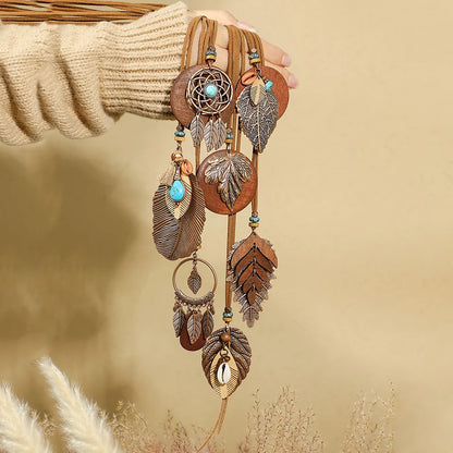 7 piece Boho Long Necklace Set, Brown Pendant Necklaces: Turquoise Shell Design Tribal Jewelry