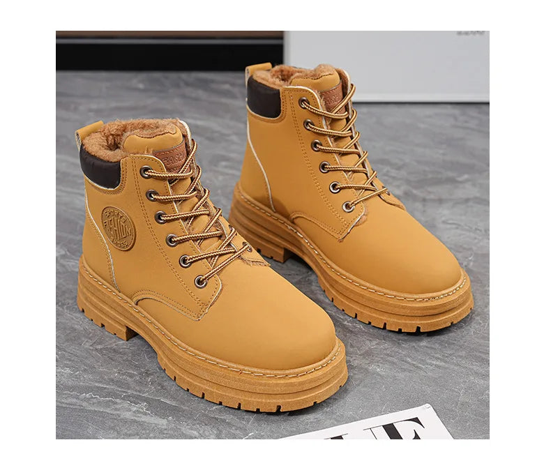 High Top Work Boots, Thick Soled, Lace-Up, Anti-Slip Warm Waterproof Women's Boots in Black and Marigold