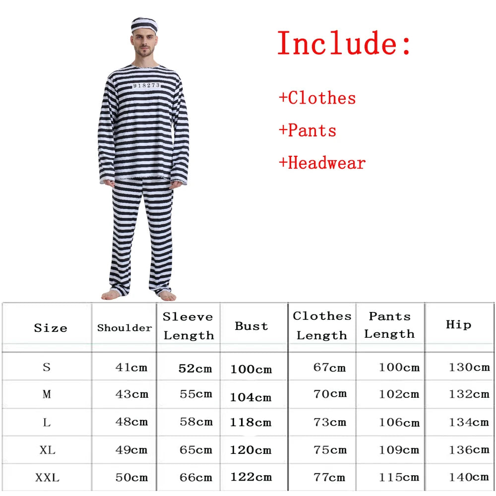 Adult Prisoner Costume Includes Top, Pants, and Headwear