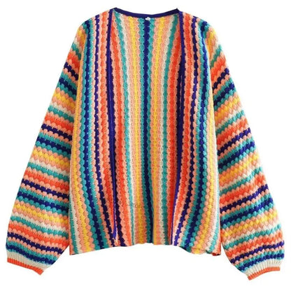Rainbow Striped Knit Open Front Cardigan Long Sleeved Colorful Loose Knit Outerwear