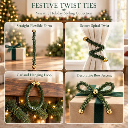 10Pcs 30CM/11.8inch Christmas Bendable Pine Needle Twist Ties with Jingle Bells,  for Wreath Stair Railing Mantel Holiday Decor