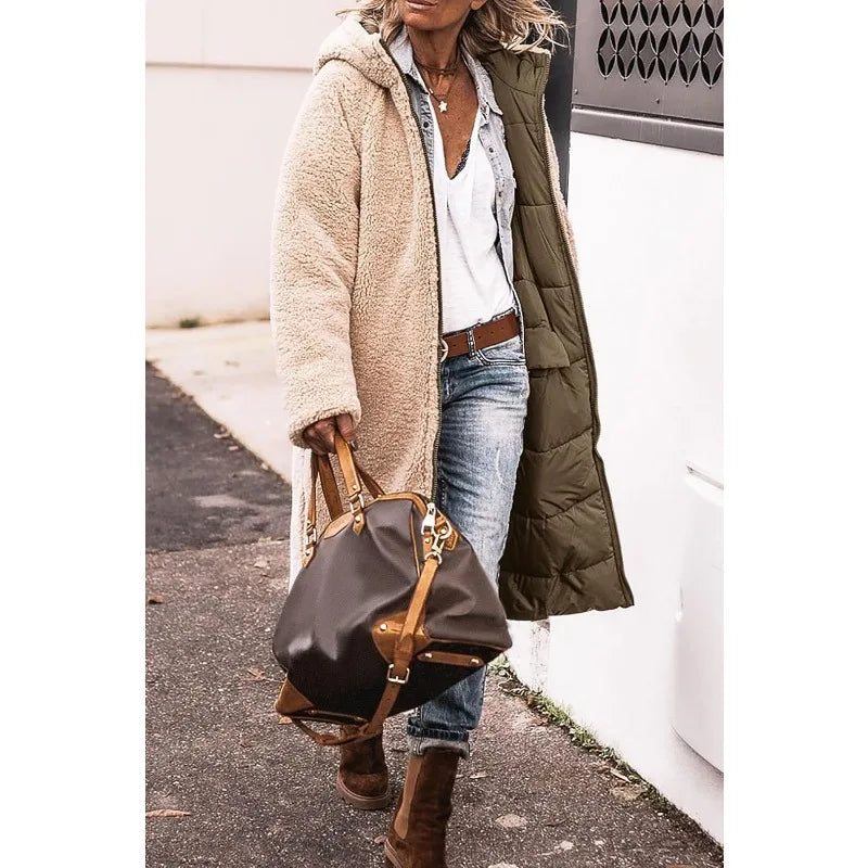 Reversible Sherpa Fleece, Long, Hooded Puffer Coats. Check colors: Brown, Green, Black, Burgundy, Light Gray