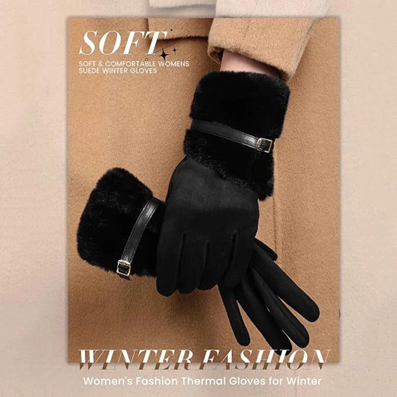 Warm Gloves Fleece Lined Windproof Cold-Resistant Touchscreen Compatible with Plush Decoration