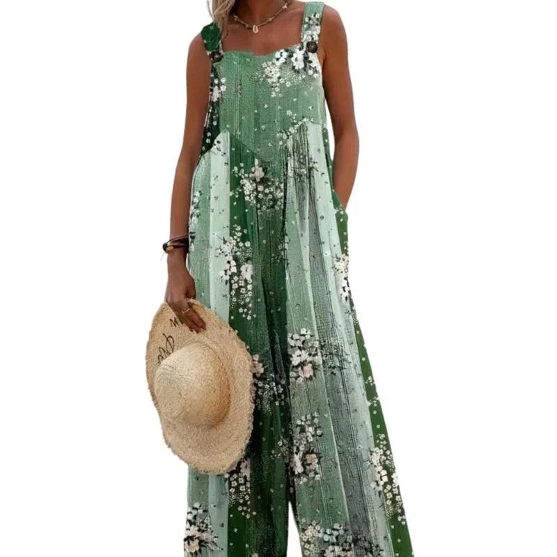 Sizes to 5XL Floral Print Loose Overalls Casual Suspender Wide-Leg Jumpsuit