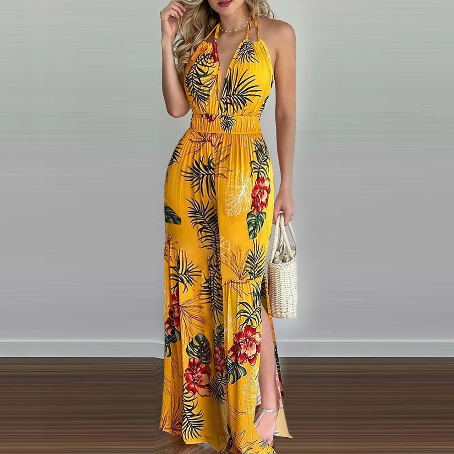 Sizes to 3XL, Colorful print jumpsuits, Sleeveless ,  Plunging V-neck , Halter top, Long Wide pants, Elastic Waist