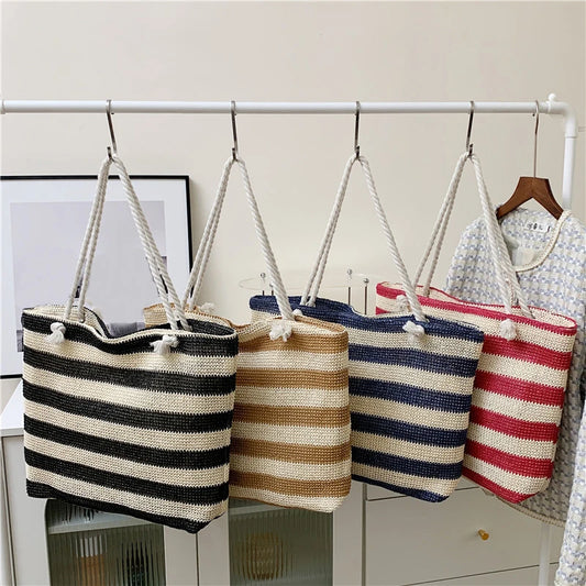 Woven Straw Shoulder Bag Large Capacity Striped 2 Handle Shoulder Bag