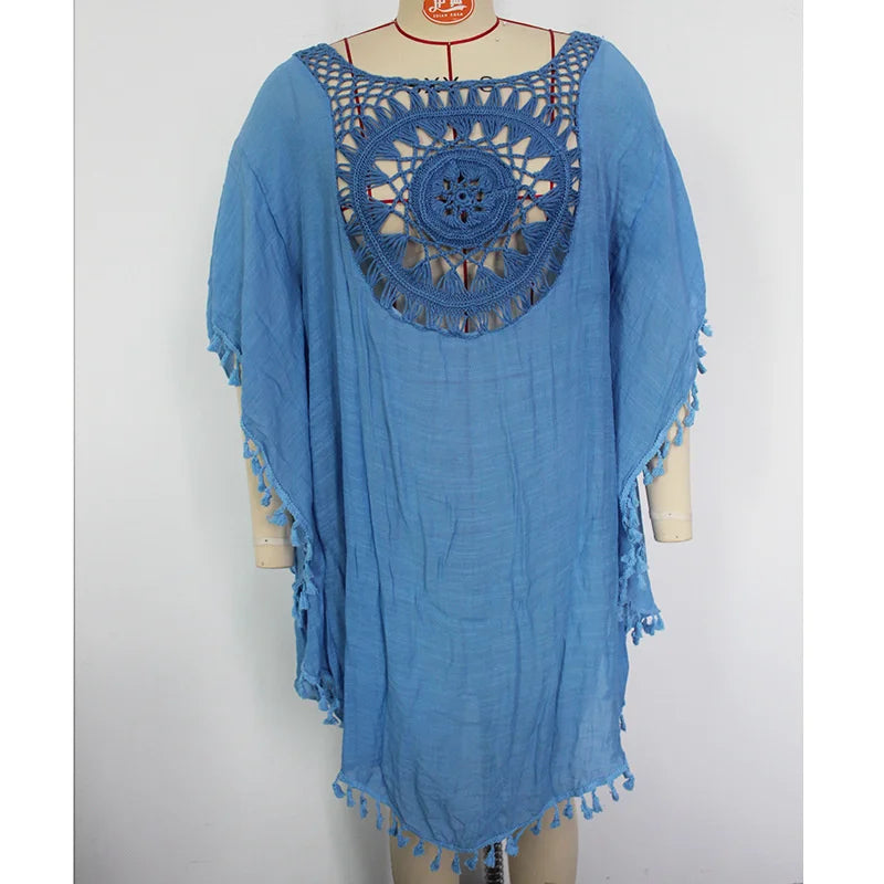 To 3XL CROCHET BIKINI-Plus Size Beach Tunic for Women, Swimwear, Sun Protection Clothes, Cover Up Swim Dress