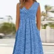 Sizes to 6 XL, Casual V-Neck, Empire Waist, Short Sleeve, Breathable, A-Line Dress with Pockets