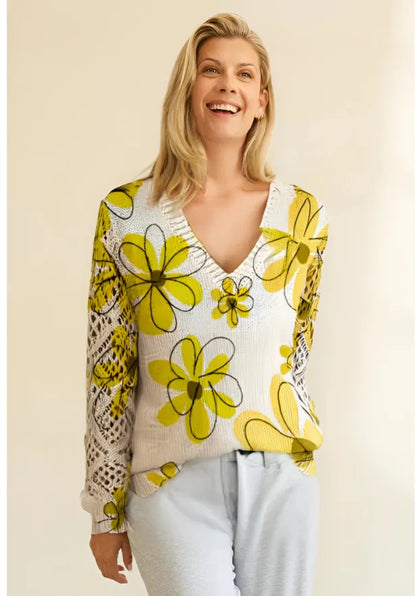 Boho Floral Print V Neck Crocheted Long Sleeved Sweater with Hollowed Out Knit Sleeves in 12 Different Designs