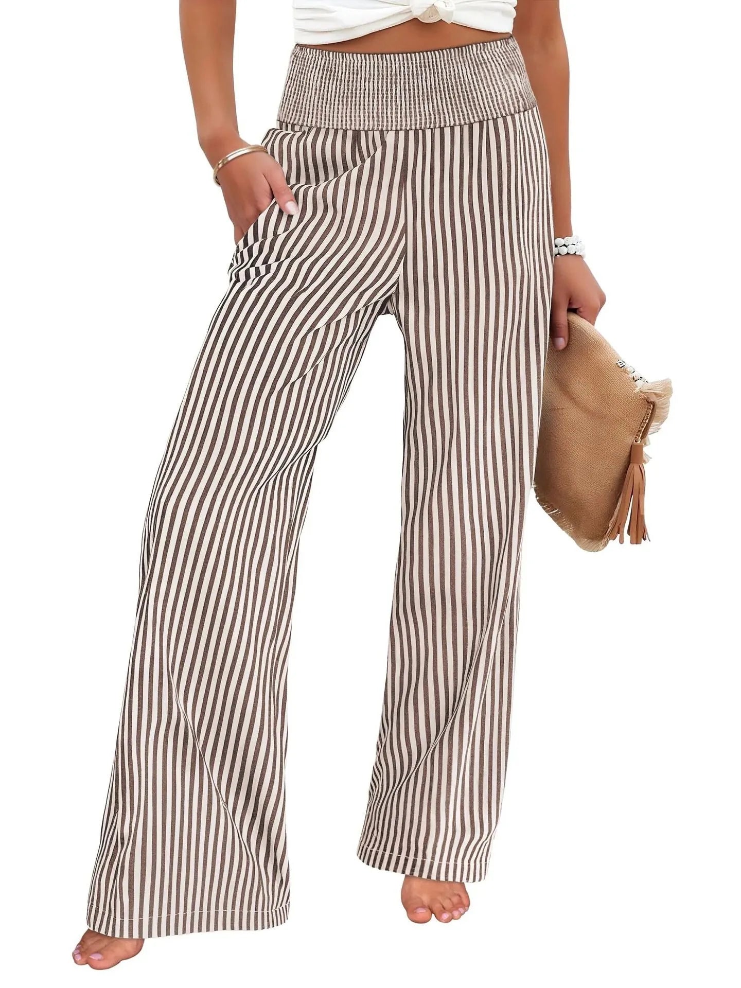 Sizes to 2XL Loose Striped Casual Straight Leg High Waisted Pants Available in 8 Colors