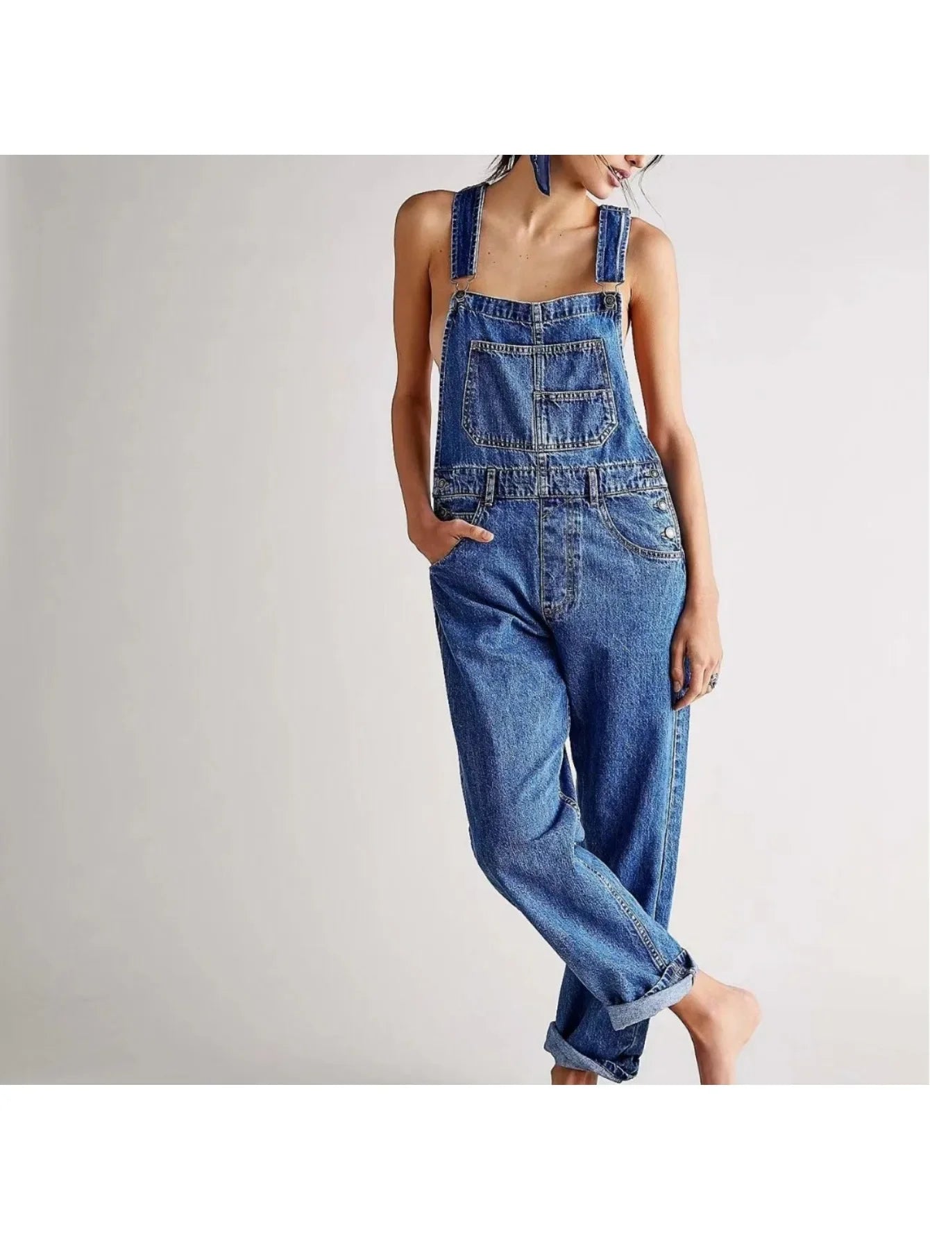 Casual Denim Overalls Loose Fit Long Bib Pants in White, Black, Dark and Light Blue