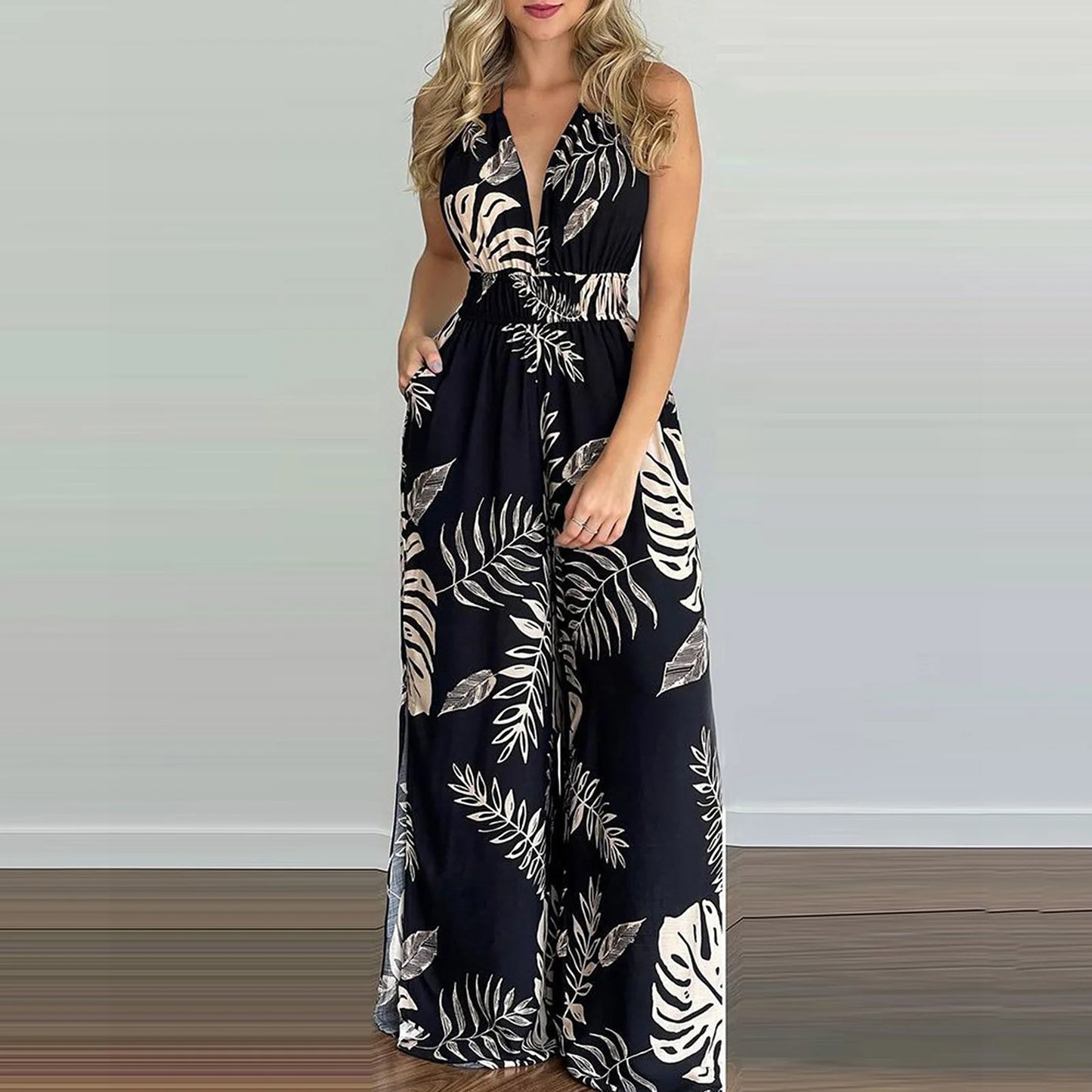 Sizes to 3XL, Colorful print jumpsuits, Sleeveless ,  Plunging V-neck , Halter top, Long Wide pants, Elastic Waist
