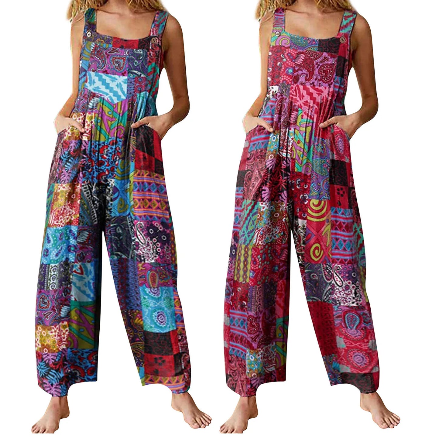 Sizes to 5XL!!!  Captivating Boho Overalls, Multicolor, Square Neck, Sleeveless Casual Jumpsuit with Pockets