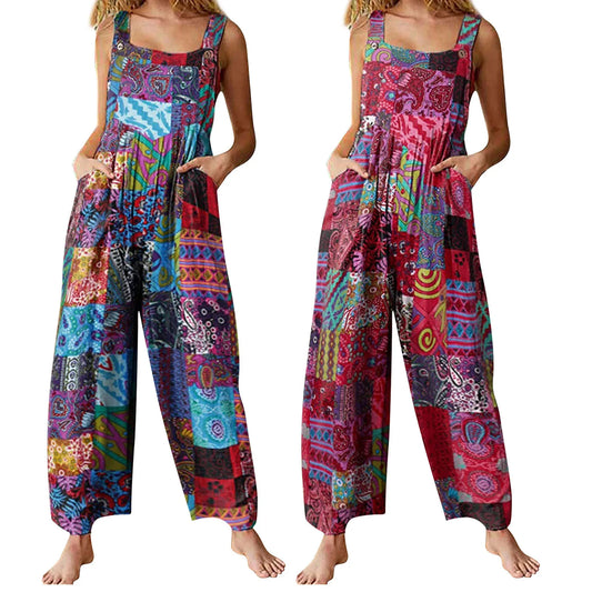 Sizes to 5XL!!!  Captivating Boho Overalls, Multicolor, Square Neck, Sleeveless Casual Jumpsuit with Pockets