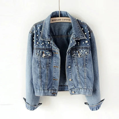To Sizes 5XL Versatile Pearl Cropped Denim Jacket Loose Fit