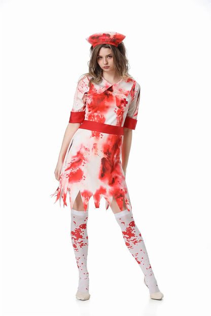 Halloween Scary Nurse Costumes Adult, Horror Bloody Printed Nurse Costume