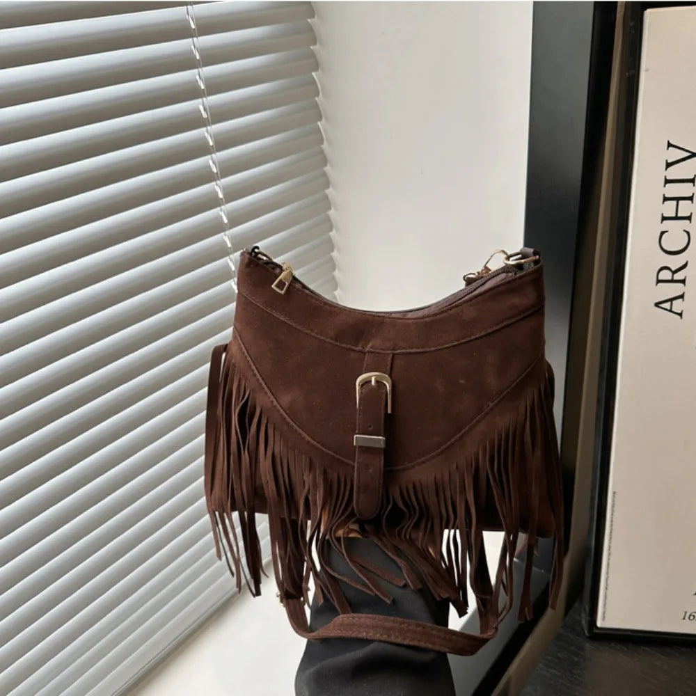 Bohemian Suede Leather Under-Arm Zipper, Tassels, Shoulder Bag, Solid Color PU Leather, Black, Grey, Coffee, and Light Brown