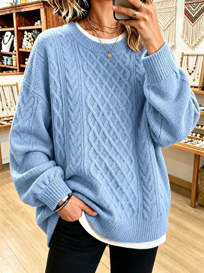Sizes to 3XL Retro Cable Knit Sweater, Round Neck, Loose Pullover, Casual Long Sleeve Top. Comes in 9 Colors