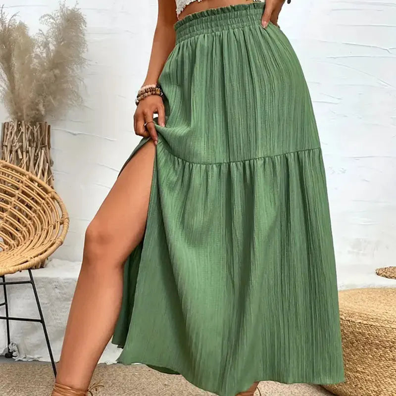 Bohemian Midi Skirt, High Waisted, Solid Colors, Casual with Side Slit, 3 Colors