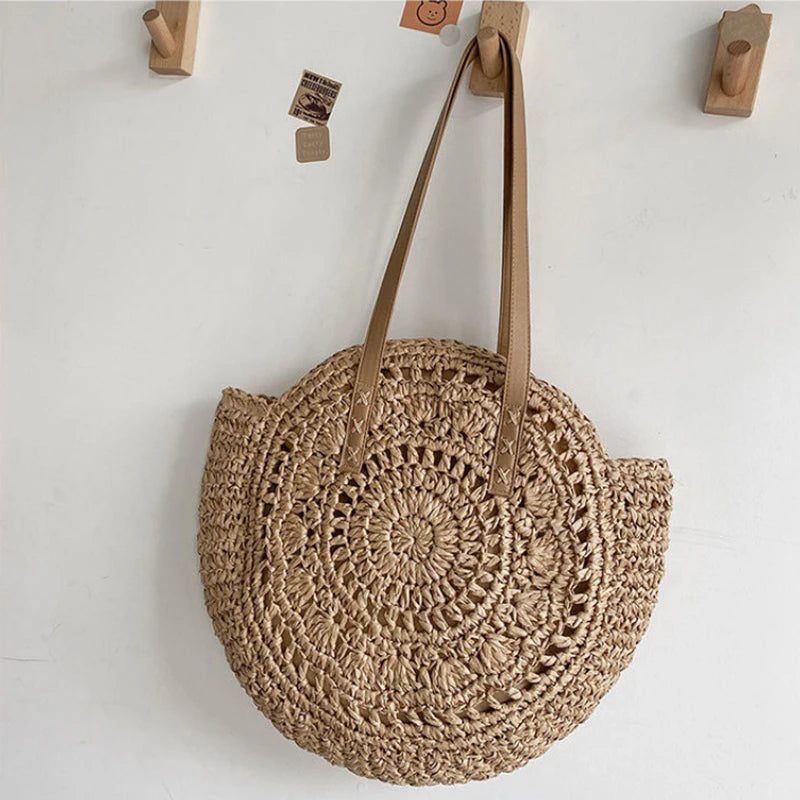 Round Straw Shoulder Bag Large Capacity Hollowed Out Weave